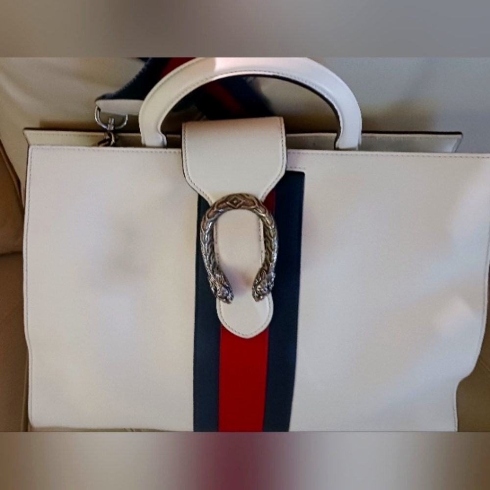 Gucci Dionysus medium web stripe top handle white red blue leather crossbody